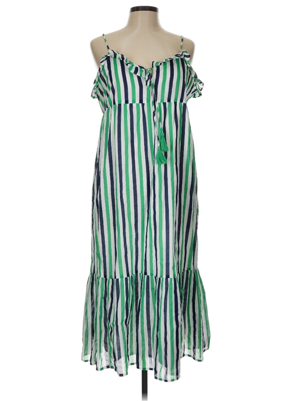 J.Crew Navy Blue Green white Striped Ruffle Tiered Maxi Cover-Up Dress cotton L